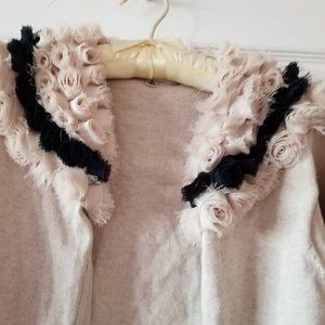 CAbi Beige and Black Cropped Rosette Sweater